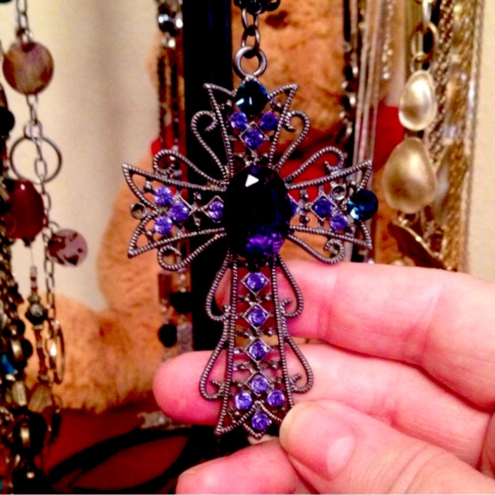 Gorgeous! Renaissance Large Rhinestone Black & Blue Bead Cross Pendant Necklace